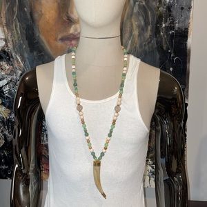 Hand crafted wood bead and stone necklace w/horn
